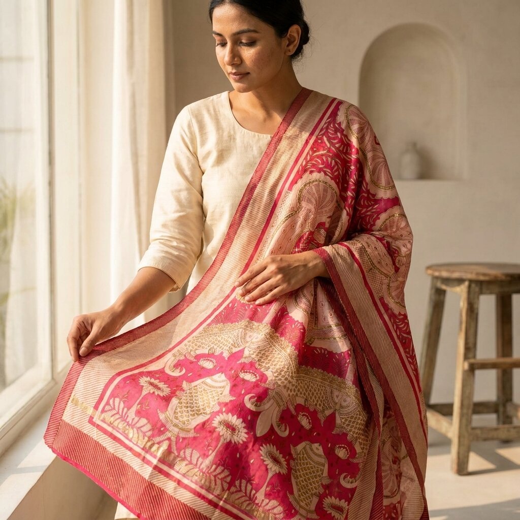 Sanskriti Vintage Pink Cotton Silk Dupatta/Stole Machlipatanam Kalamkari Veil