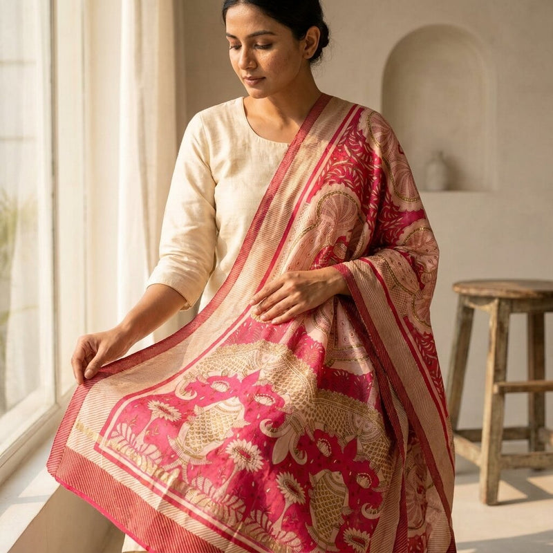 Sanskriti Vintage Pink Cotton Silk Dupatta/Stole Machlipatanam Kalamkari Veil