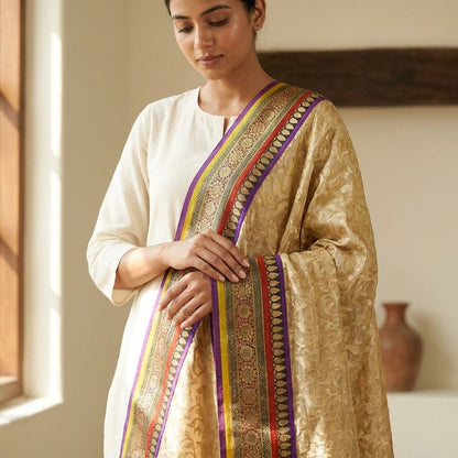 Sanskriti Vintage Golden Pure Georgette Dupatta/Stole Brocade Woven WeddingVeil
