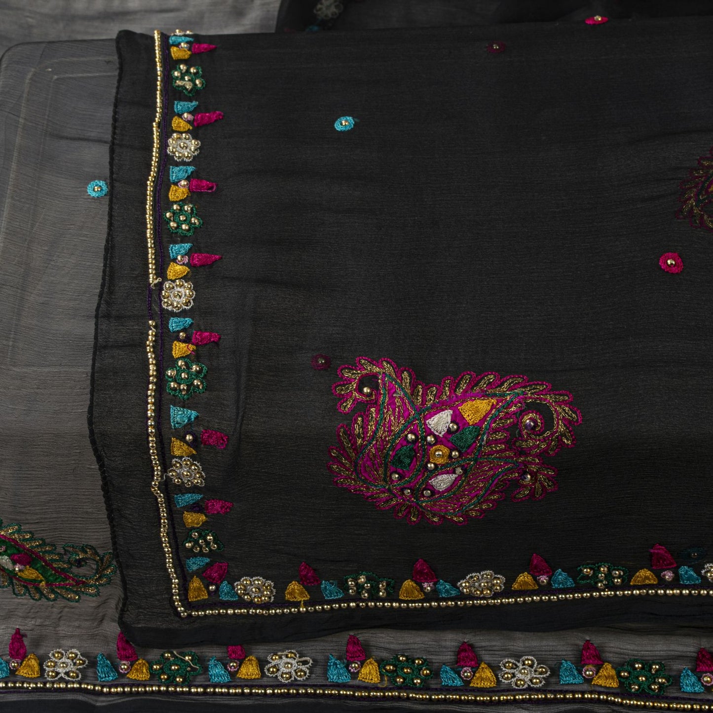 Sanskriti Vintage Black Pure Chiffon Dupatta/Stole Hand Embroidered Premium Veil