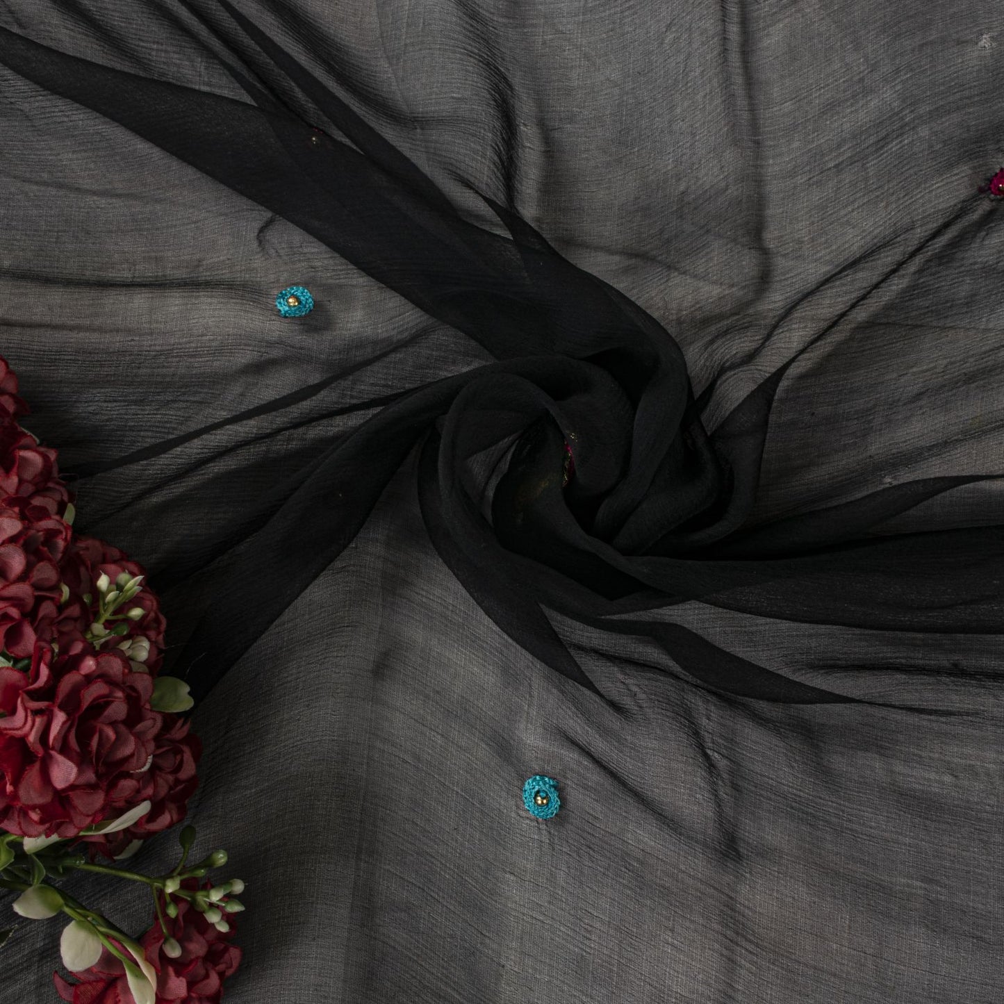 Sanskriti Vintage Black Pure Chiffon Dupatta/Stole Hand Embroidered Premium Veil