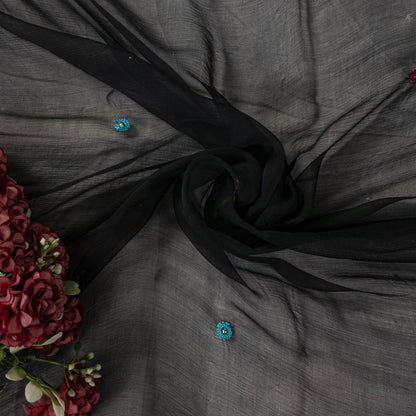 Sanskriti Vintage Black Pure Chiffon Dupatta/Stole Hand Embroidered Premium Veil