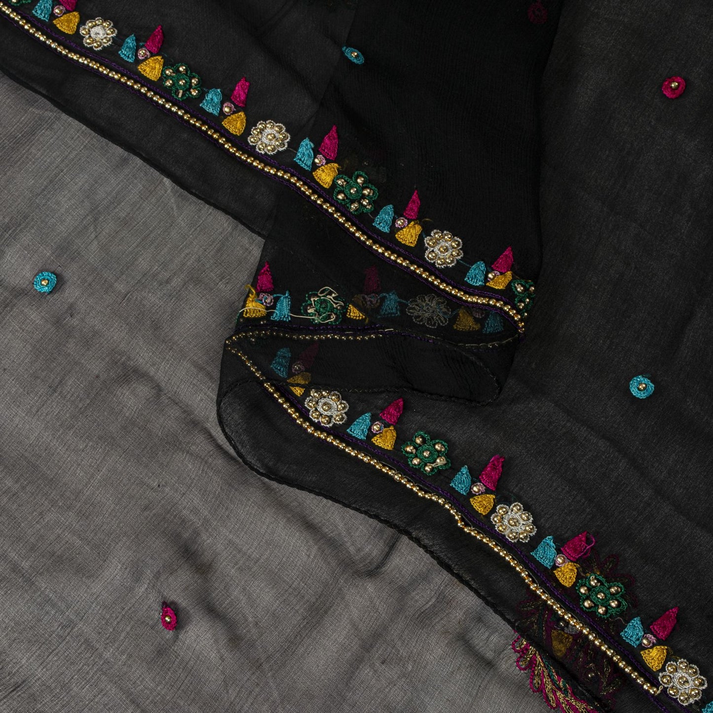 Sanskriti Vintage Black Pure Chiffon Dupatta/Stole Hand Embroidered Premium Veil