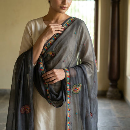 Sanskriti Vintage Black Pure Chiffon Dupatta/Stole Hand Embroidered Premium Veil