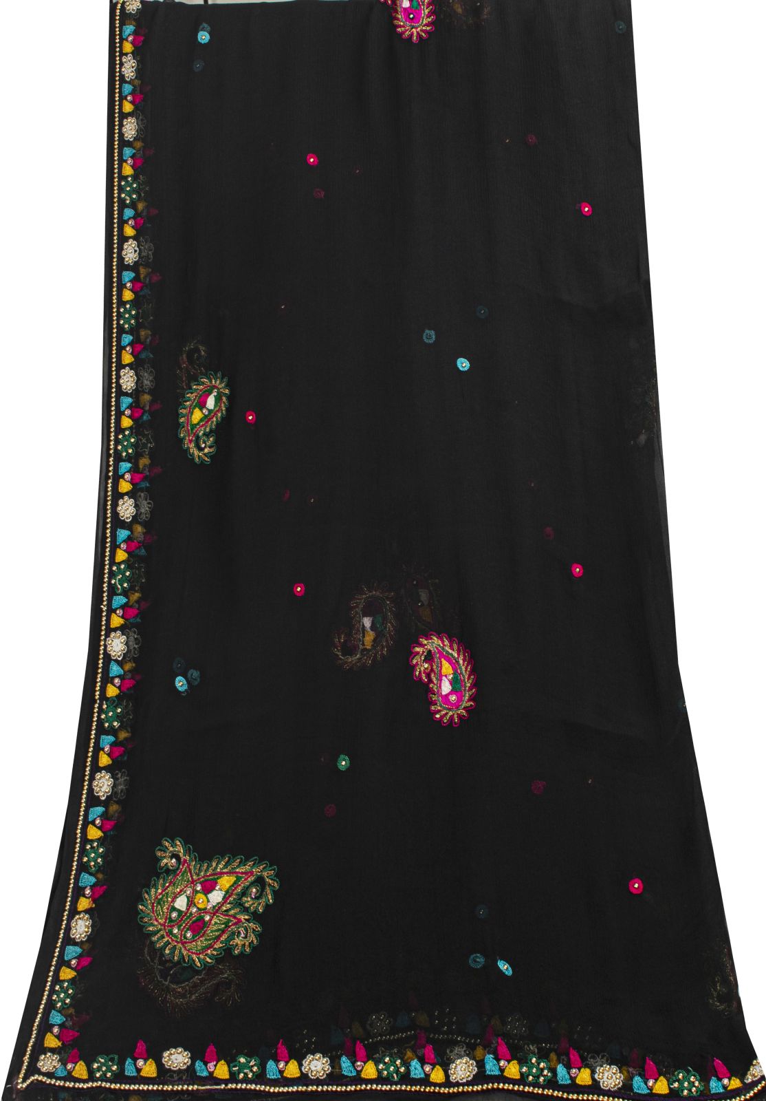 Sanskriti Vintage Black Pure Chiffon Dupatta/Stole Hand Embroidered Premium Veil