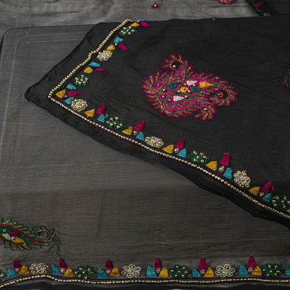 Sanskriti Vintage Black Pure Chiffon Dupatta/Stole Hand Embroidered Premium Veil
