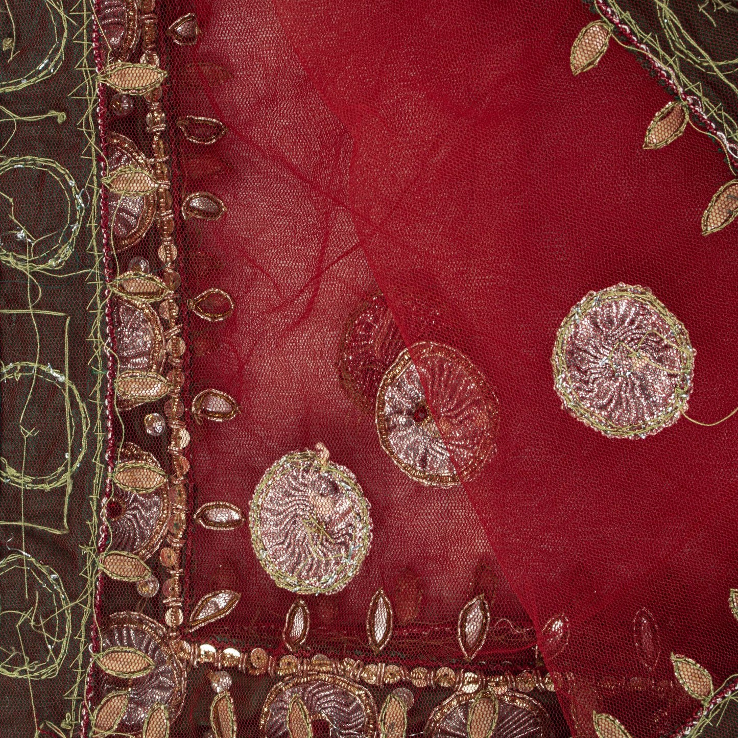 Sanskriti Vintage Red Net Dupatta/Stole Indian Hand Embroidered Dabka Gota Patti