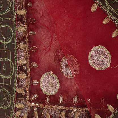 Sanskriti Vintage Red Net Dupatta/Stole Indian Hand Embroidered Dabka Gota Patti