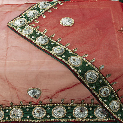 Sanskriti Vintage Red Net Dupatta/Stole Indian Hand Embroidered Dabka Gota Patti