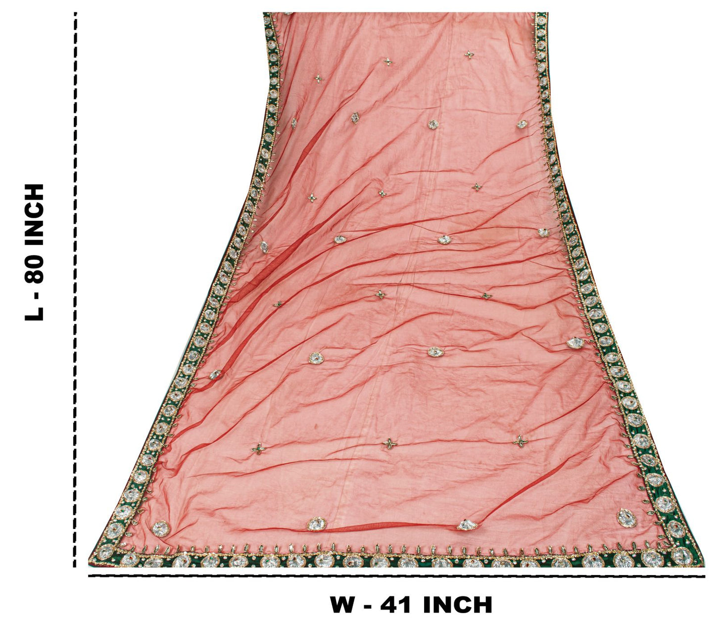 Sanskriti Vintage Red Net Dupatta/Stole Indian Hand Embroidered Dabka Gota Patti