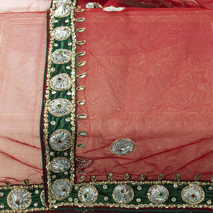 Sanskriti Vintage Red Net Dupatta/Stole Indian Hand Embroidered Dabka Gota Patti