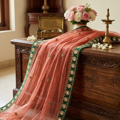 Sanskriti Vintage Red Net Dupatta/Stole Indian Hand Embroidered Dabka Gota Patti