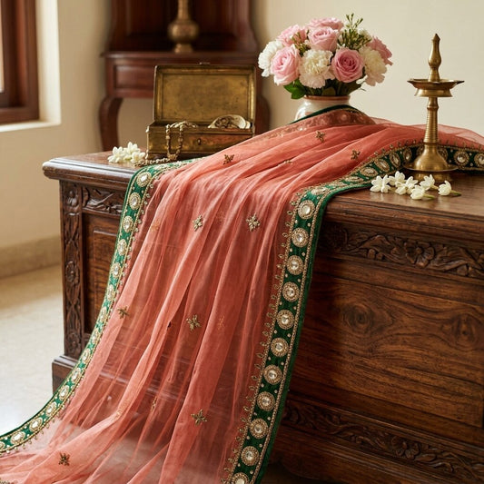 Sanskriti Vintage Red Net Dupatta/Stole Indian Hand Embroidered Dabka Gota Patti