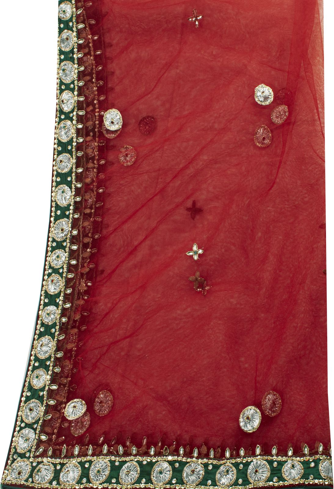 Sanskriti Vintage Red Net Dupatta/Stole Indian Hand Embroidered Dabka Gota Patti