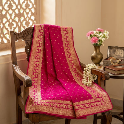 Sanskriti Vintage Pink Pure Silk Dupatta/Stole Brocade Zari Woven Wedding Veil