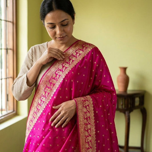 Sanskriti Vintage Pink Pure Silk Dupatta/Stole Brocade Zari Woven Wedding Veil