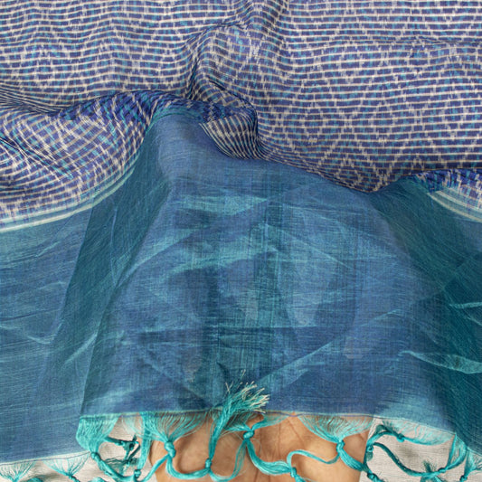 Sanskriti Vintage Blue Pure Silk Dupatta/Stole Ikat Hand Woven Pochampally Veil