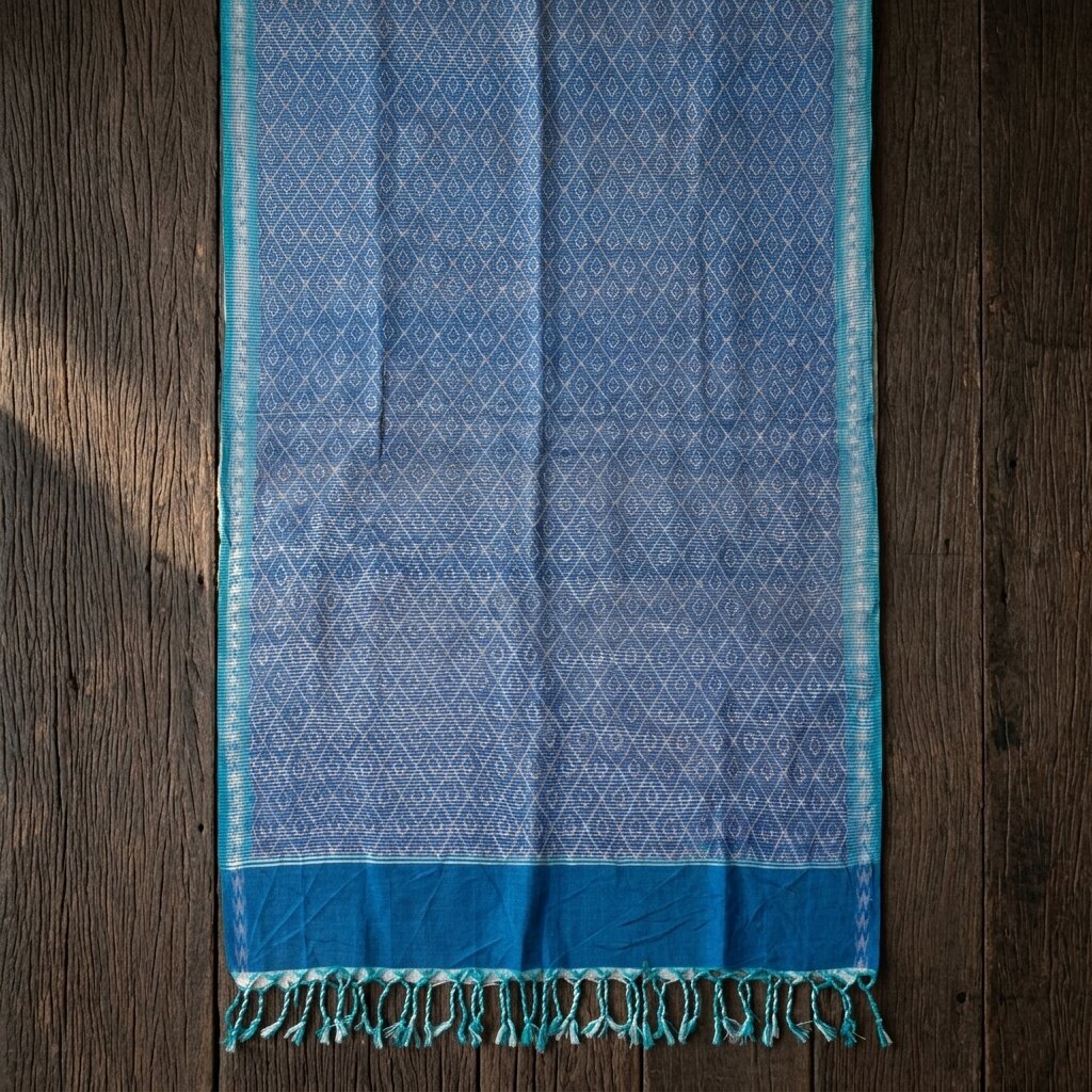Sanskriti Vintage Blue Pure Silk Dupatta/Stole Ikat Hand Woven Pochampally Veil