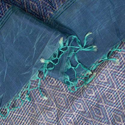 Sanskriti Vintage Blue Pure Silk Dupatta/Stole Ikat Hand Woven Pochampally Veil