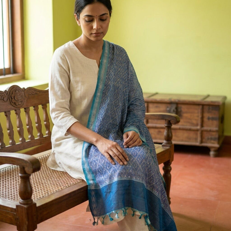Sanskriti Vintage Blue Pure Silk Dupatta/Stole Ikat Hand Woven Pochampally Veil