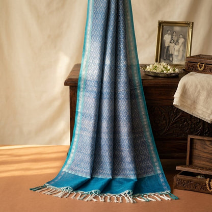 Sanskriti Vintage Blue Pure Silk Dupatta/Stole Ikat Hand Woven Pochampally Veil