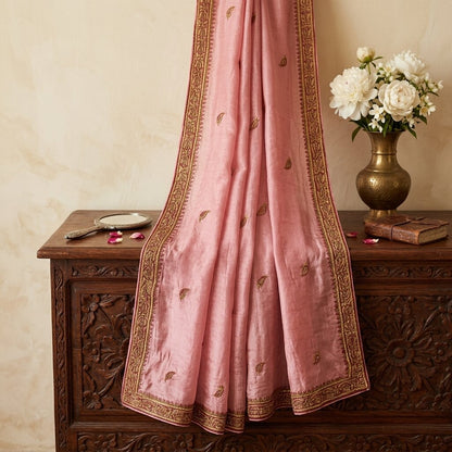 Sanskriti Vintage Pink Chiffon Silk Dupatta/Stole Hand Embroidered Indian Veil