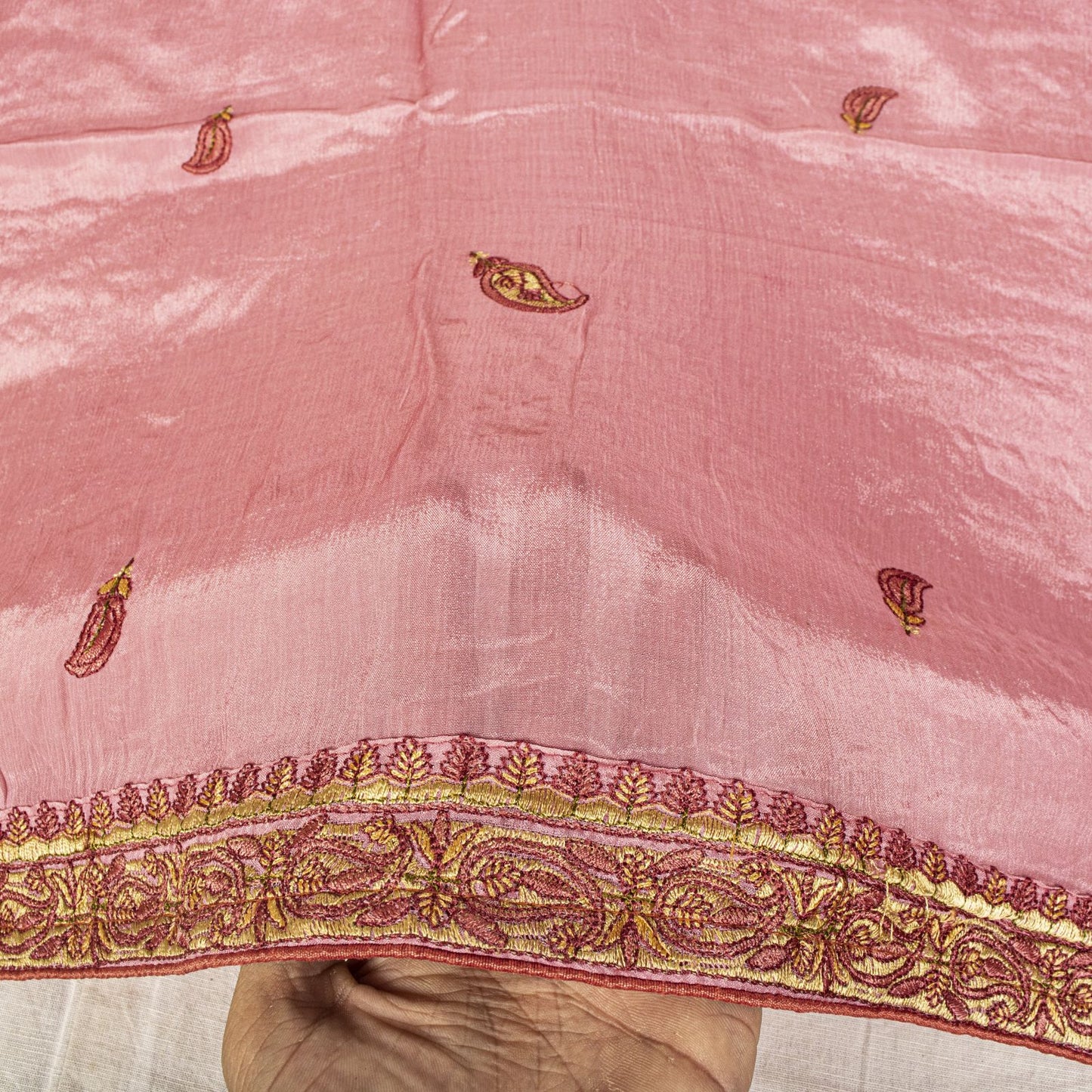 Sanskriti Vintage Pink Chiffon Silk Dupatta/Stole Hand Embroidered Indian Veil