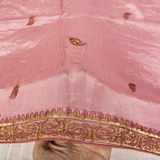 Sanskriti Vintage Pink Chiffon Silk Dupatta/Stole Hand Embroidered Indian Veil