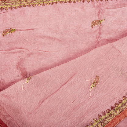 Sanskriti Vintage Pink Chiffon Silk Dupatta/Stole Hand Embroidered Indian Veil