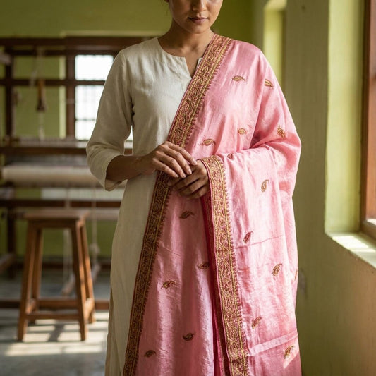 Sanskriti Vintage Pink Chiffon Silk Dupatta/Stole Hand Embroidered Indian Veil