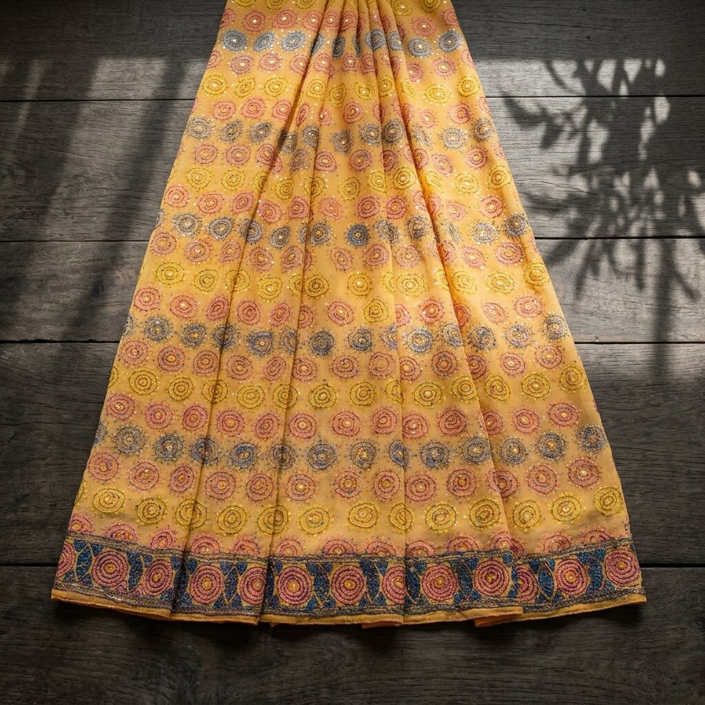 Sanskriti Vintage Yellow Pure Georgette Dupatta/Stole Hand Embroidery KanthaVeil