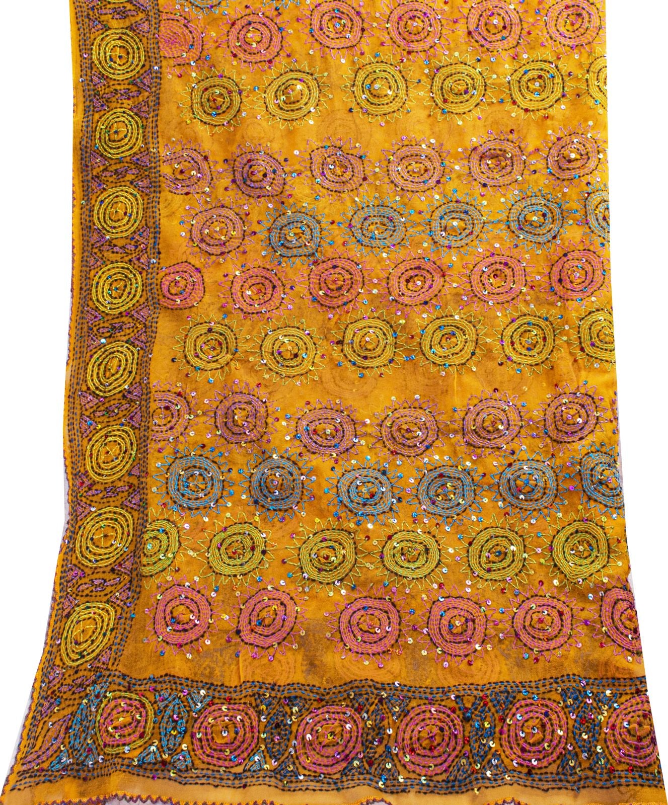 Sanskriti Vintage Yellow Pure Georgette Dupatta/Stole Hand Embroidery KanthaVeil
