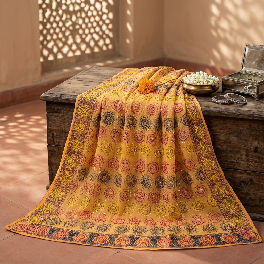 Sanskriti Vintage Yellow Pure Georgette Dupatta/Stole Hand Embroidery KanthaVeil