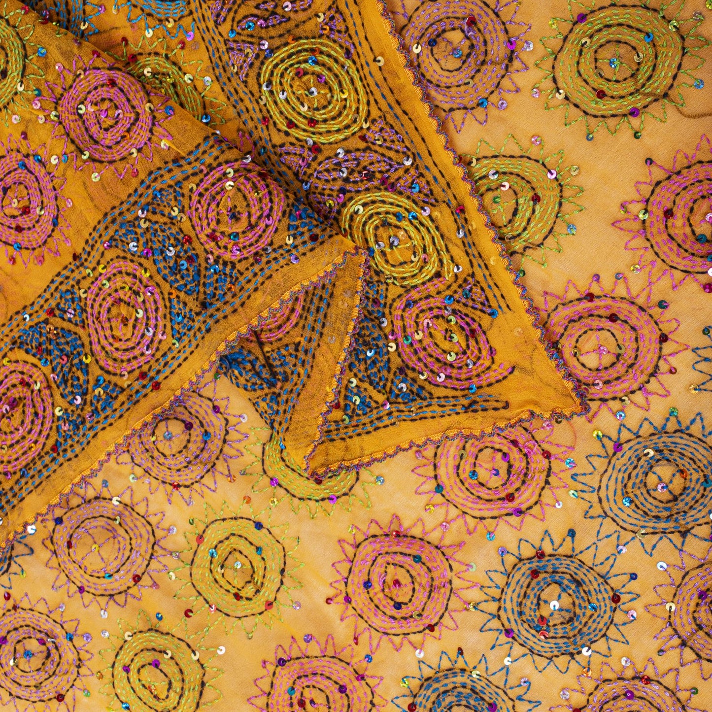 Sanskriti Vintage Yellow Pure Georgette Dupatta/Stole Hand Embroidery KanthaVeil
