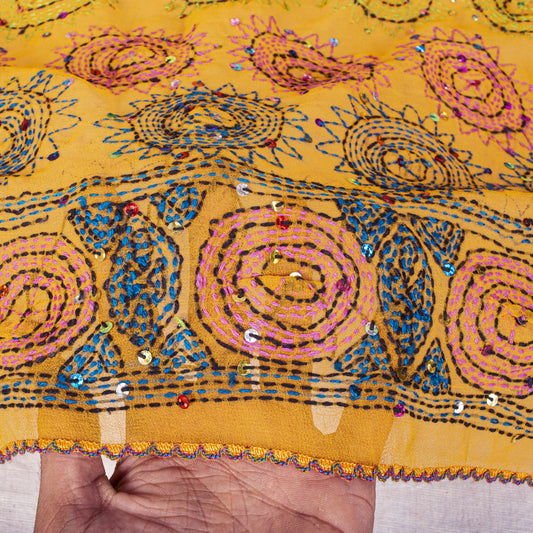 Sanskriti Vintage Yellow Pure Georgette Dupatta/Stole Hand Embroidery KanthaVeil