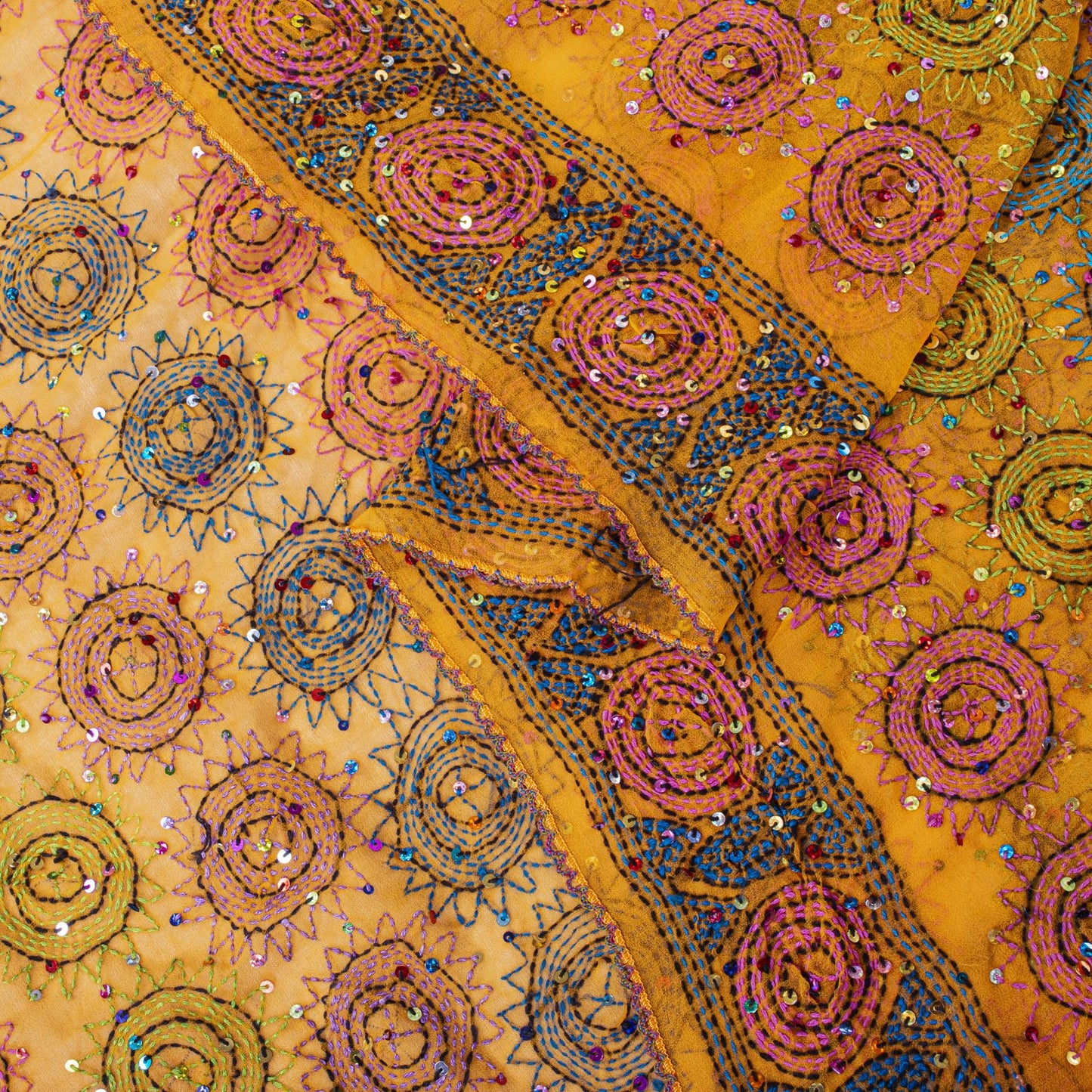 Sanskriti Vintage Yellow Pure Georgette Dupatta/Stole Hand Embroidery KanthaVeil