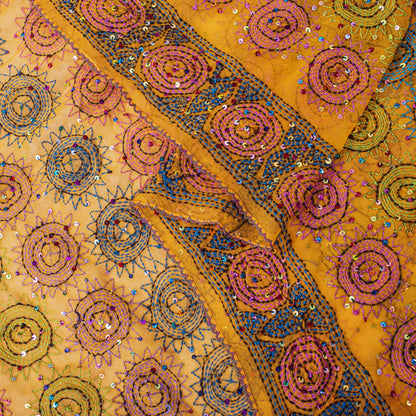Sanskriti Vintage Yellow Pure Georgette Dupatta/Stole Hand Embroidery KanthaVeil