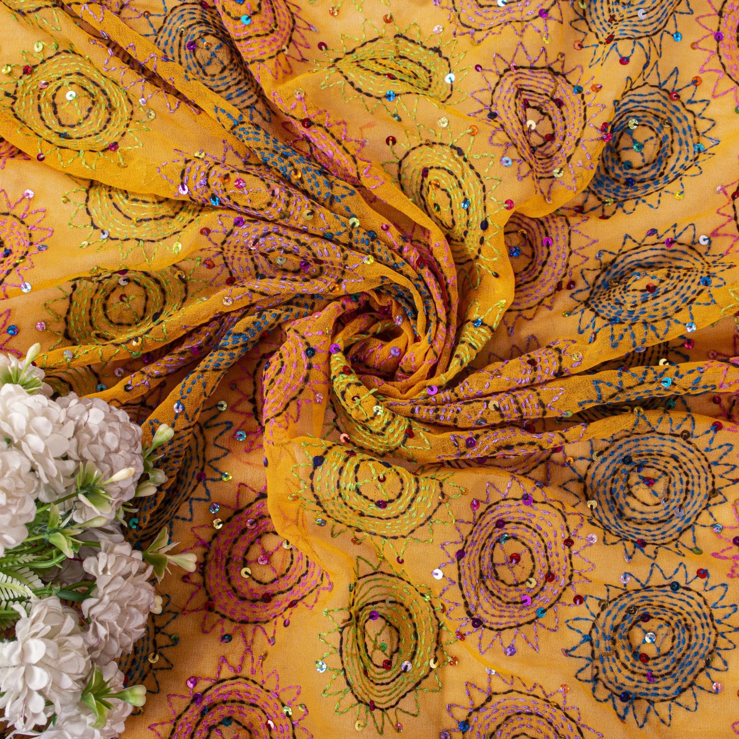 Sanskriti Vintage Yellow Pure Georgette Dupatta/Stole Hand Embroidery KanthaVeil