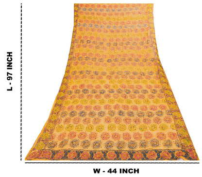 Sanskriti Vintage Yellow Pure Georgette Dupatta/Stole Hand Embroidery KanthaVeil