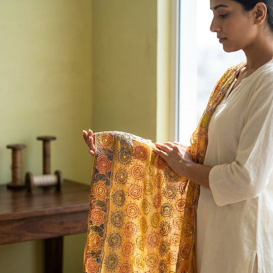 Sanskriti Vintage Yellow Pure Georgette Dupatta/Stole Hand Embroidery KanthaVeil