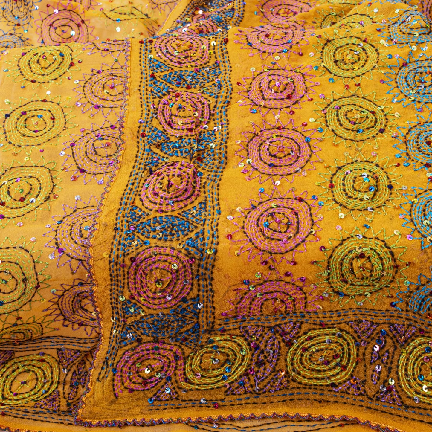 Sanskriti Vintage Yellow Pure Georgette Dupatta/Stole Hand Embroidery KanthaVeil