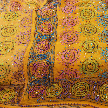 Sanskriti Vintage Yellow Pure Georgette Dupatta/Stole Hand Embroidery KanthaVeil