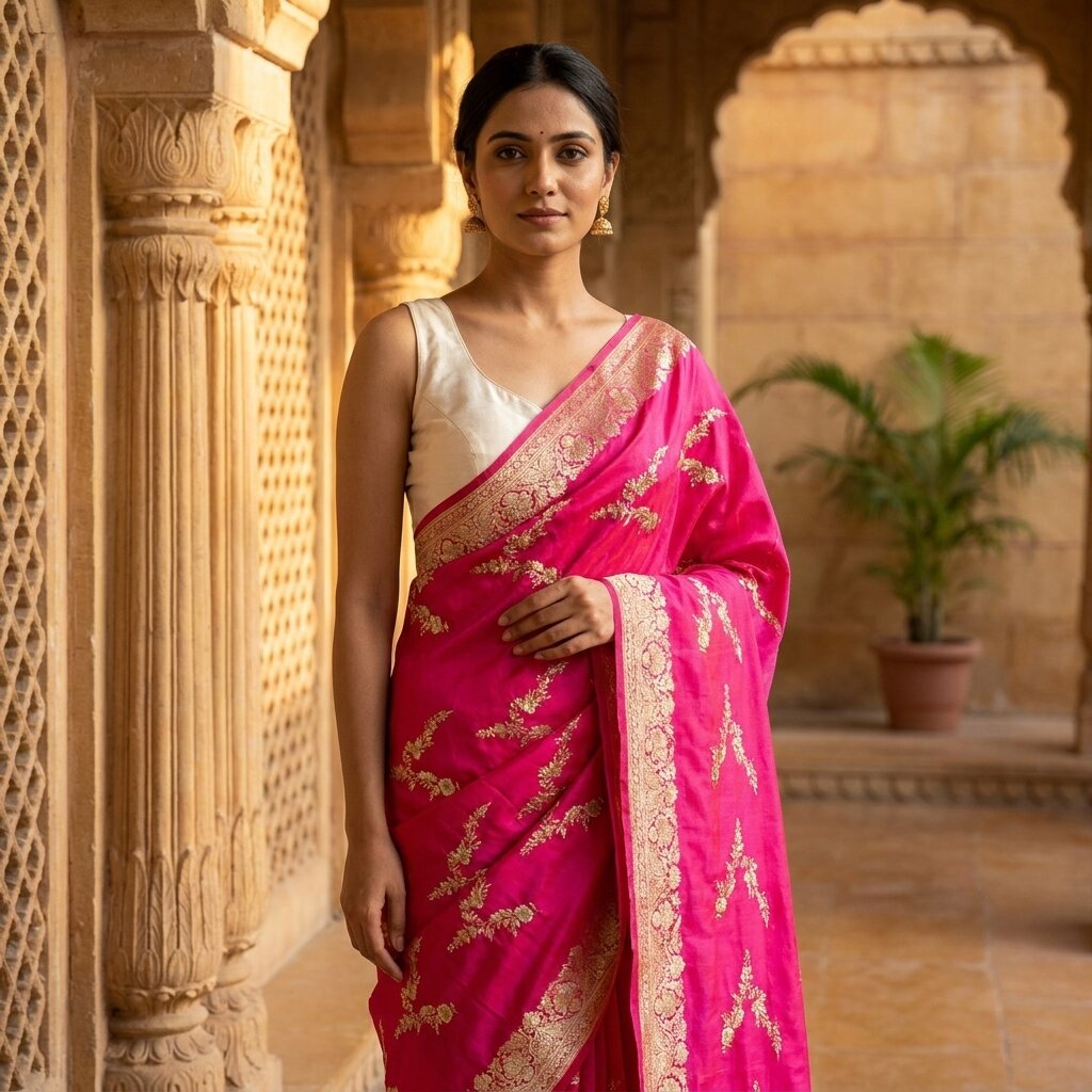 Sanskriti Vintage Pink Art Silk Dupatta/Stole Brocade Zari Hand Woven Banarasi
