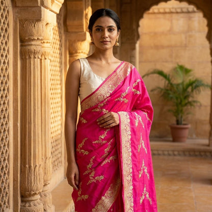 Sanskriti Vintage Pink Art Silk Dupatta/Stole Brocade Zari Hand Woven Banarasi