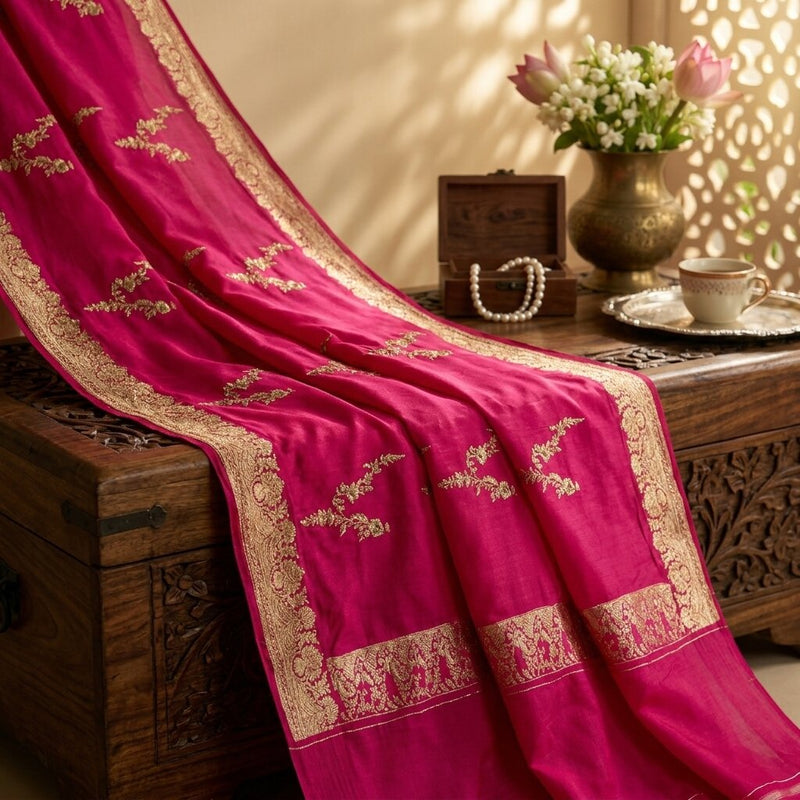 Sanskriti Vintage Pink Art Silk Dupatta/Stole Brocade Zari Hand Woven Banarasi