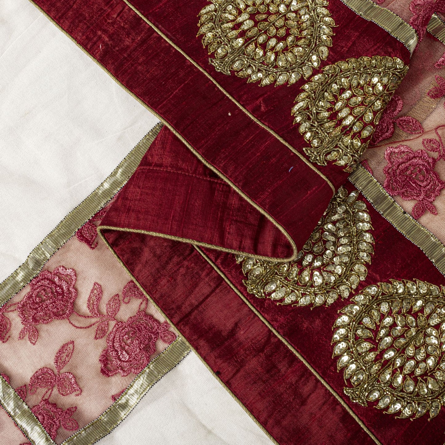 Sanskriti Vintage White-Red Net Dupatta/Stole Hand Embroidery Premium Dabka Veil