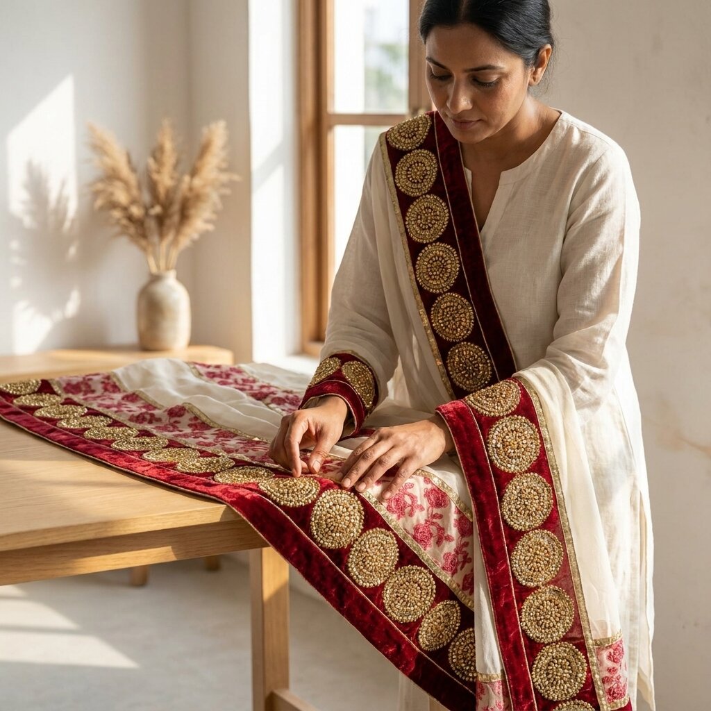 Sanskriti Vintage White-Red Net Dupatta/Stole Hand Embroidery Premium Dabka Veil