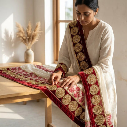 Sanskriti Vintage White-Red Net Dupatta/Stole Hand Embroidery Premium Dabka Veil