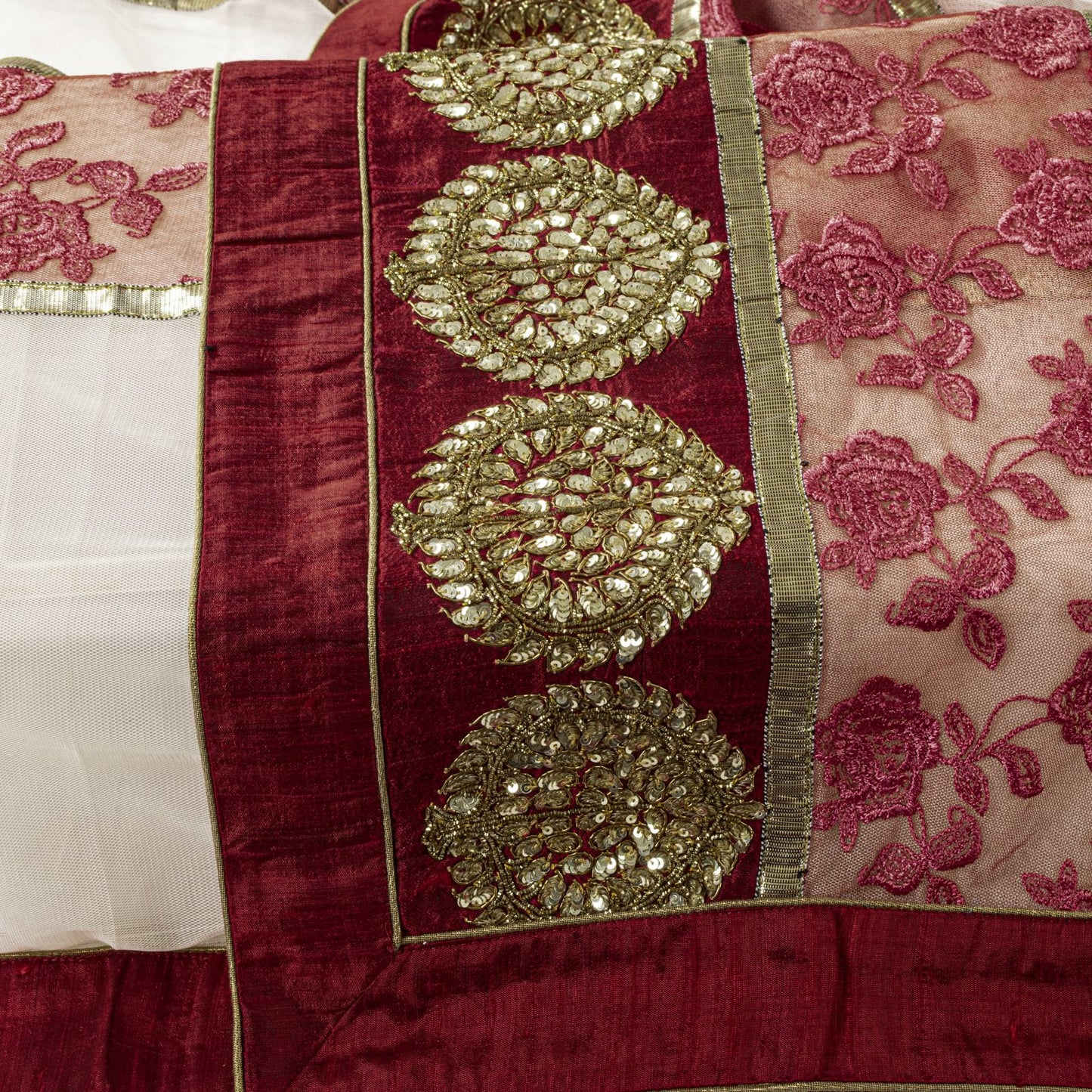 Sanskriti Vintage White-Red Net Dupatta/Stole Hand Embroidery Premium Dabka Veil