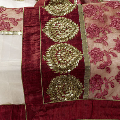 Sanskriti Vintage White-Red Net Dupatta/Stole Hand Embroidery Premium Dabka Veil